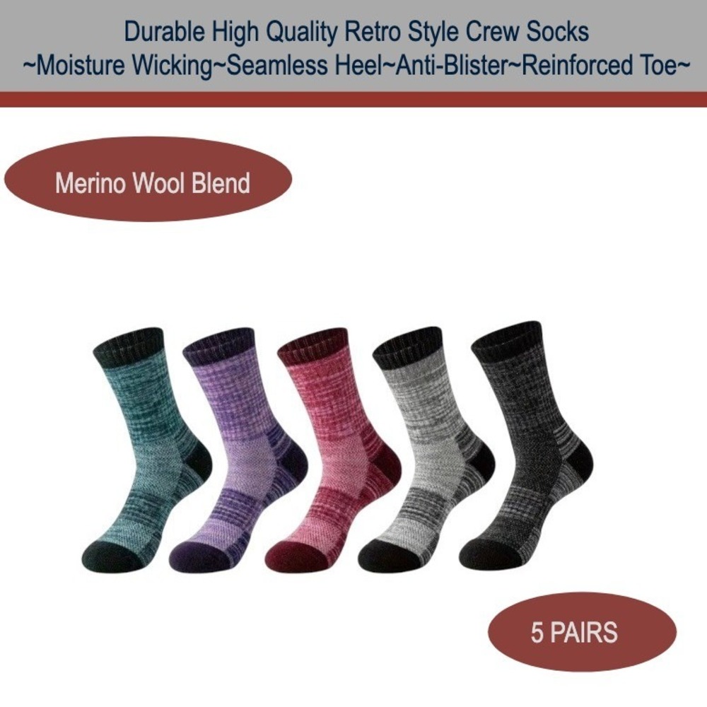 Durable High Quality Retro Style Socks LARGE Red Purple Anti-Slip Elastic 5 Pair